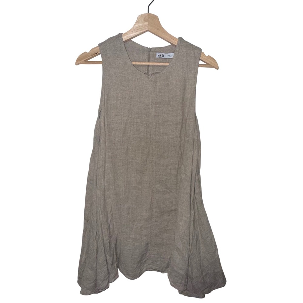 Zara Dress S Beige 100% Linen‎ Sleeveless Mini Shift Coastal Minimalist Coastal
